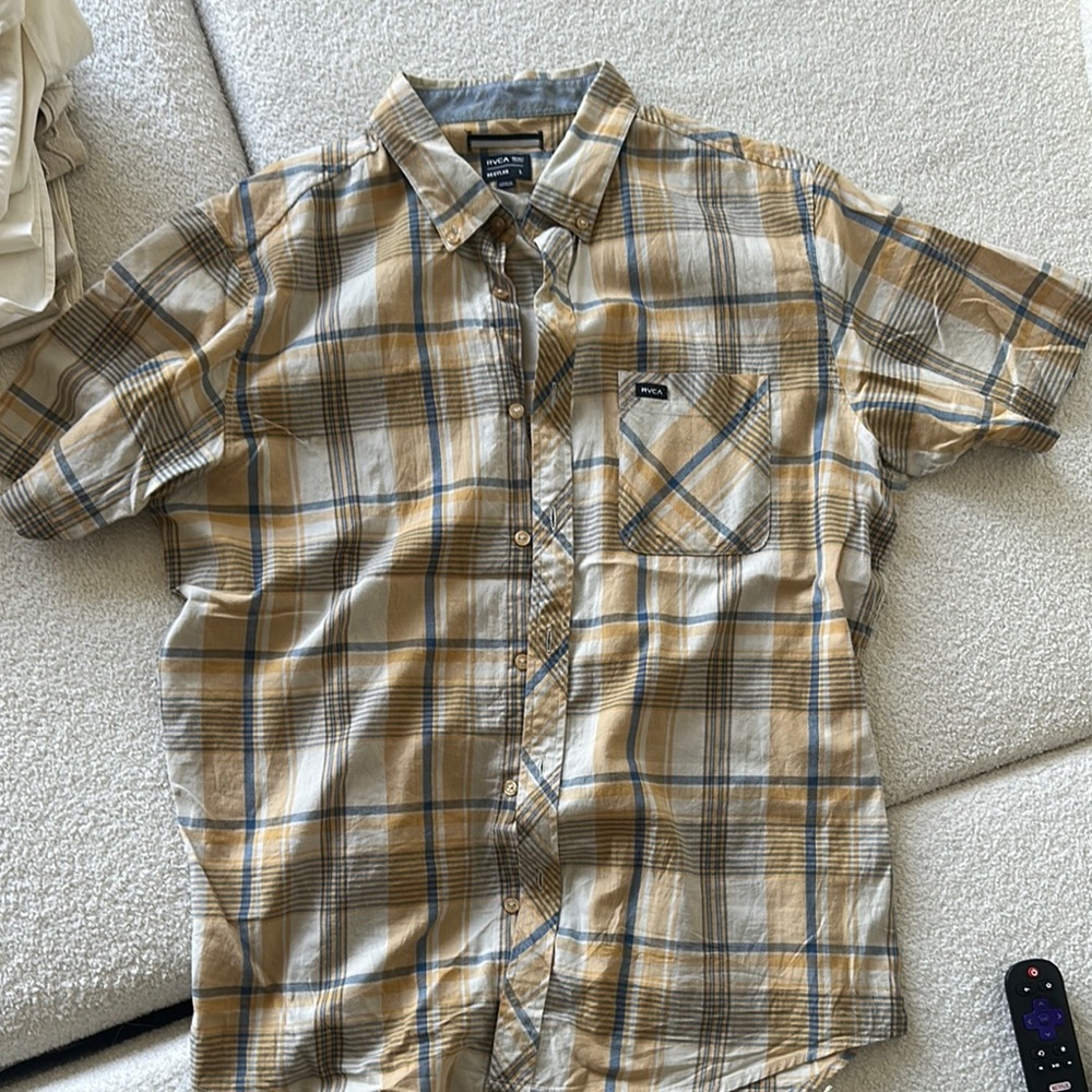 Quiksilver Tan and Blue Casual Button Down Shirt